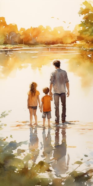 watercolor of dad and kids