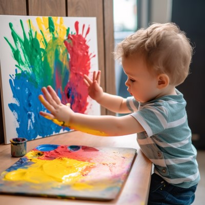 toddler making handprint art