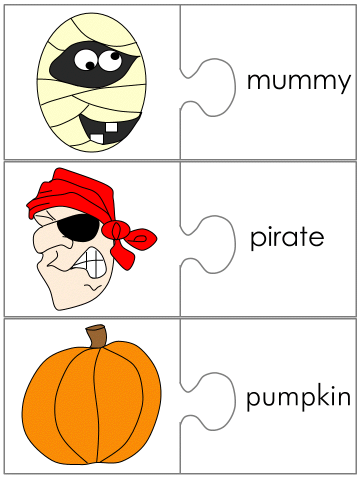 Halloween jigsaw word match - mummy, pirate, pumpkin