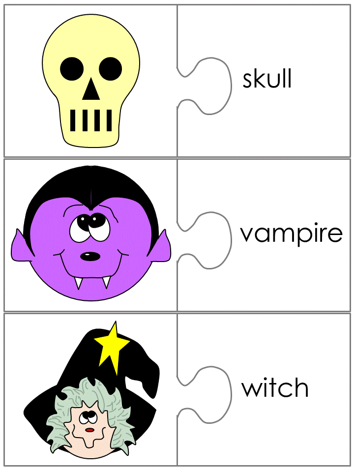 Halloween jigsaw word match - skull, vampire, witch