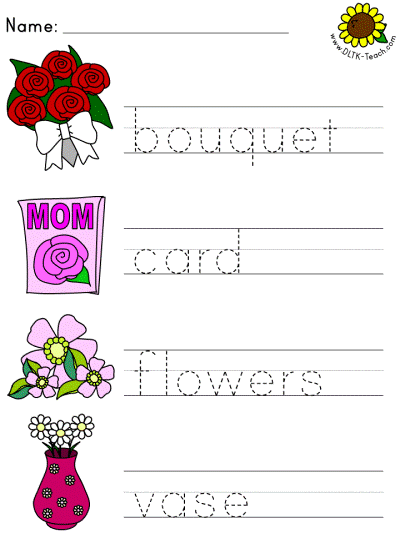 picture clue tracer worksheet with mother's day gift vocabulary words