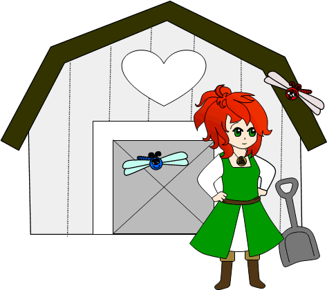 Molly gets the shovel from the shed.