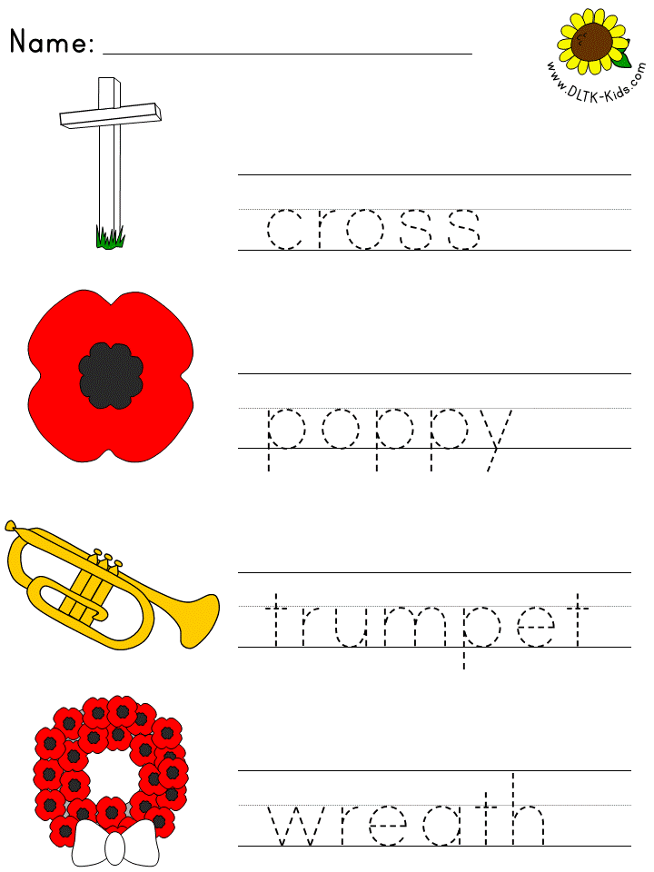block print tracer page - cross, poppy, trumpet, wreath