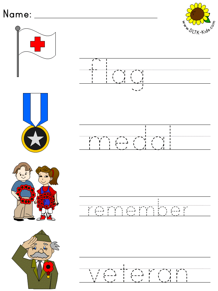 block print tracer page - flag, medal, remember, veteran