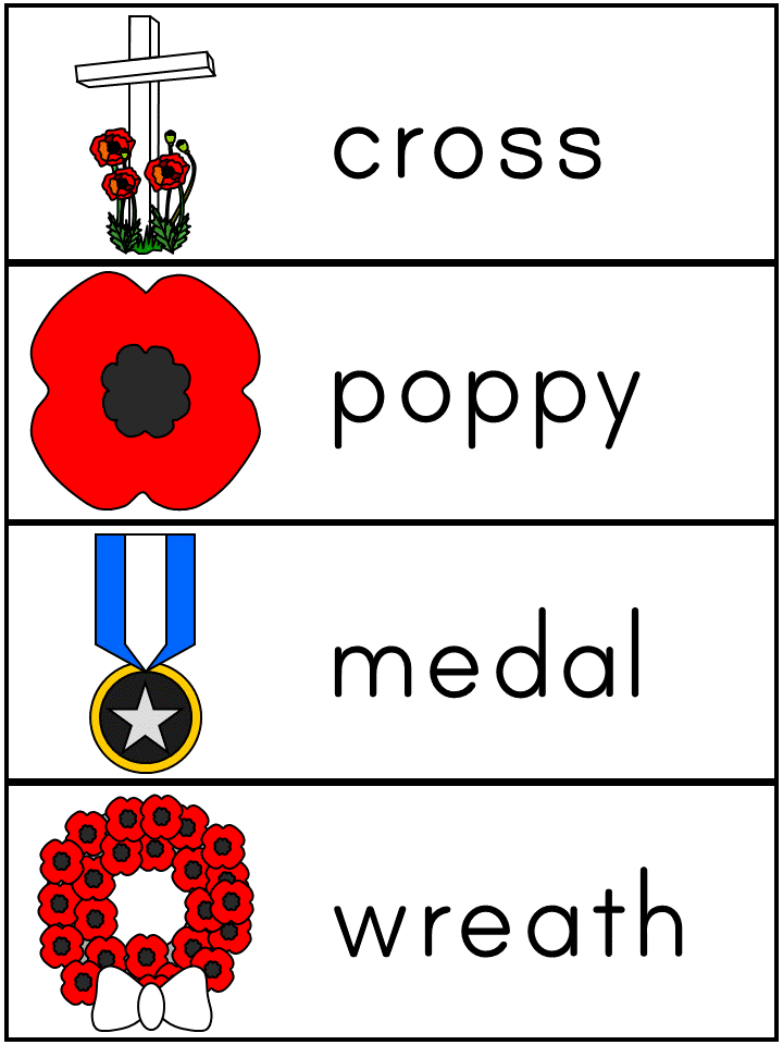 Word Wall Words - cross, poppy, medal, wreath