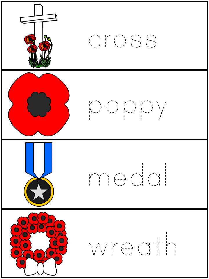 dotted font Word Wall Words - cross, poppy, medal, wreath