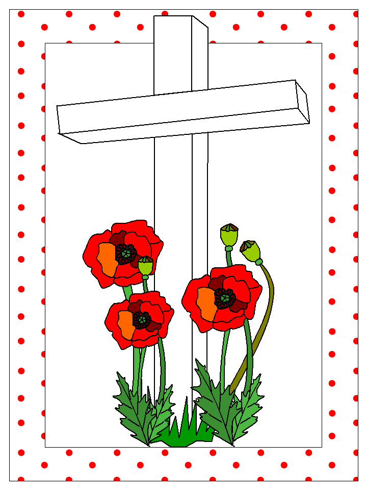 coloring page of a cross and poppies