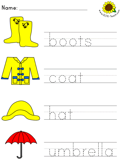 picture clue tracer worksheet of spring clothes - boots, coat, cat, umbrella