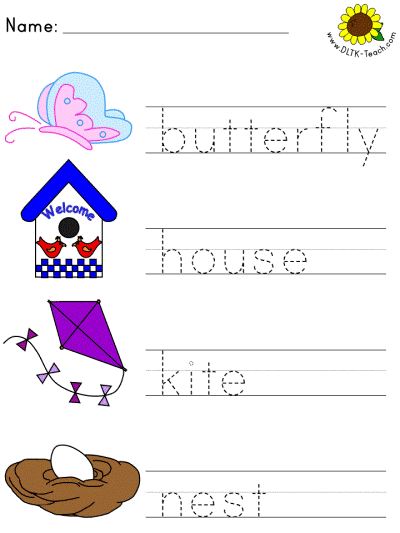 spring picture clue tracer worksheets - butterfly, house, kite, nest