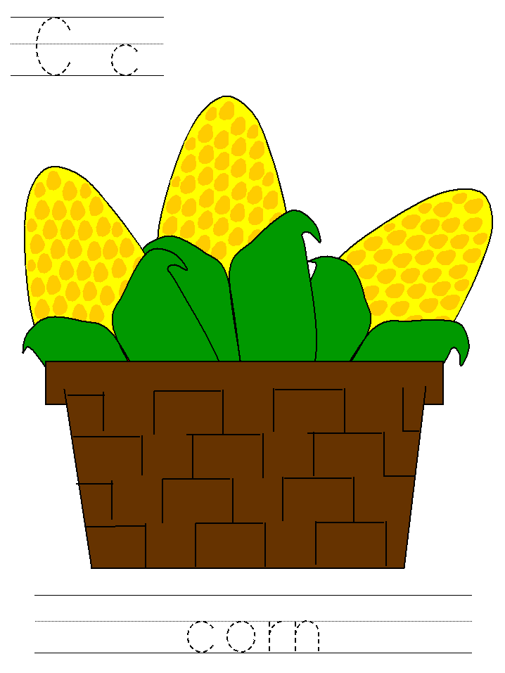 Thanksgiving tracer page for the letter C with corn