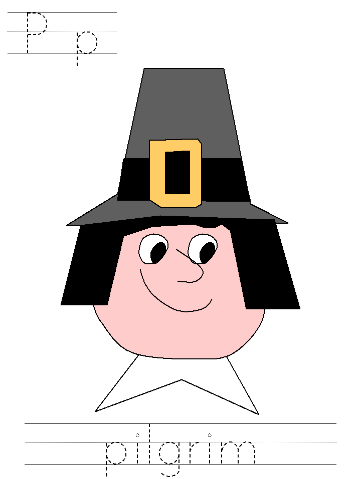 Thanksgiving tracer page for the letter P with Pilgrim