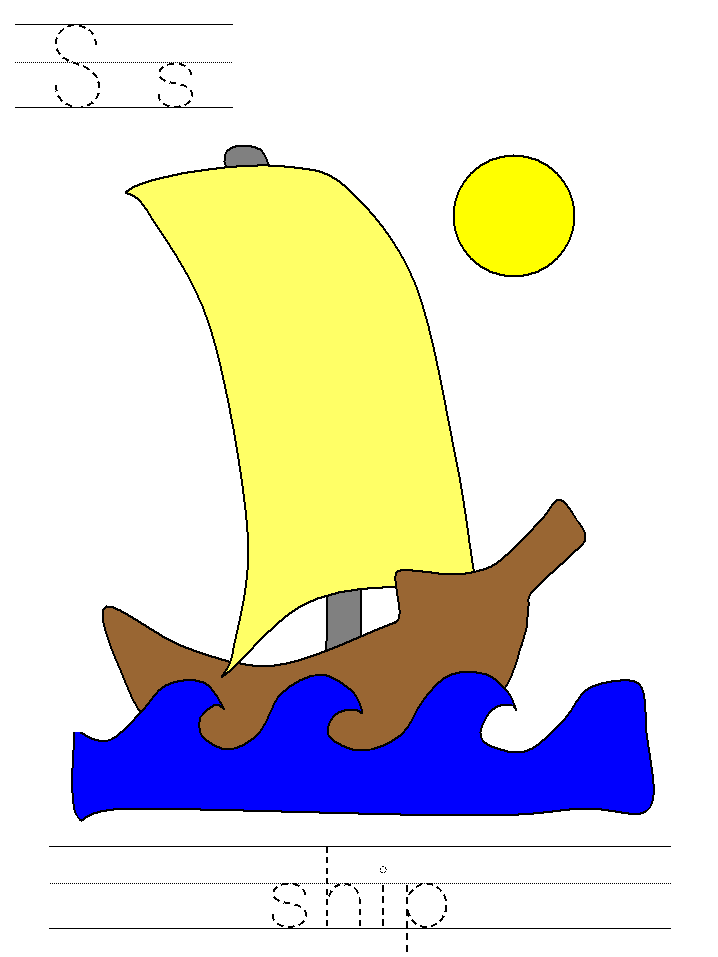 Thanksgiving tracer page for the letter S with ship