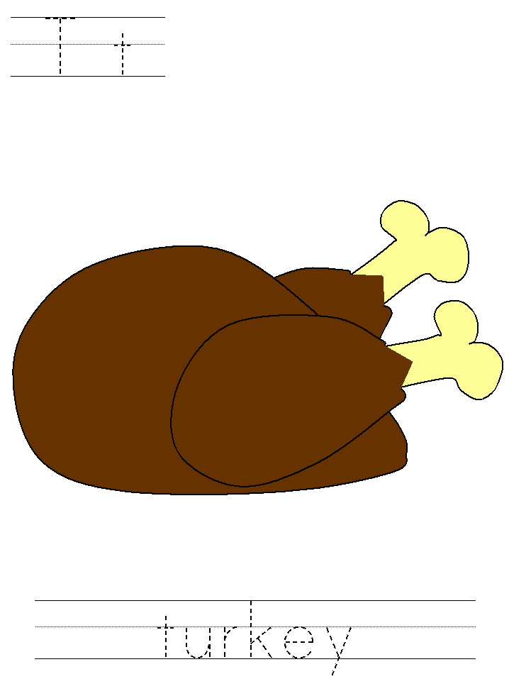 Thanksgiving tracer page for the letter T with turkey