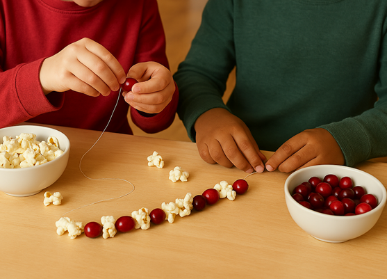 photo of a children making a popcorn and cranberry garland
