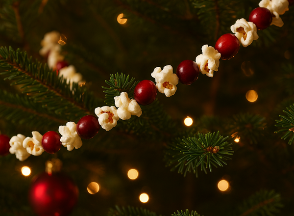 photo of a finished popcorn and cranberry garland on the Christmas tree
