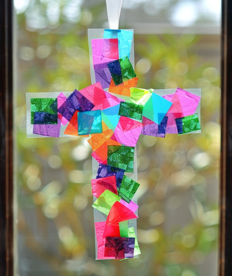 Tissue paper stained glass easter cross craft