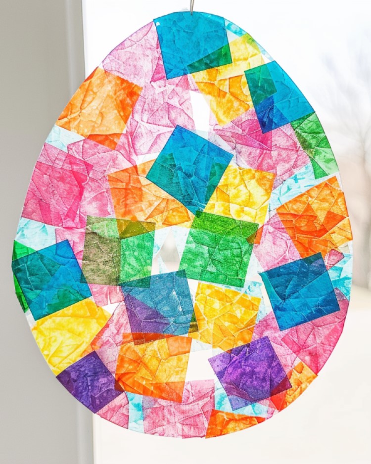 Tissue paper stained glass easter egg craft with no border