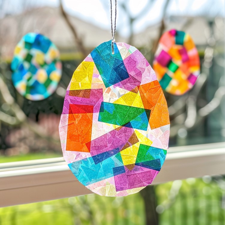 Tissue paper stained glass easter egg craft using rectangles instead of squares