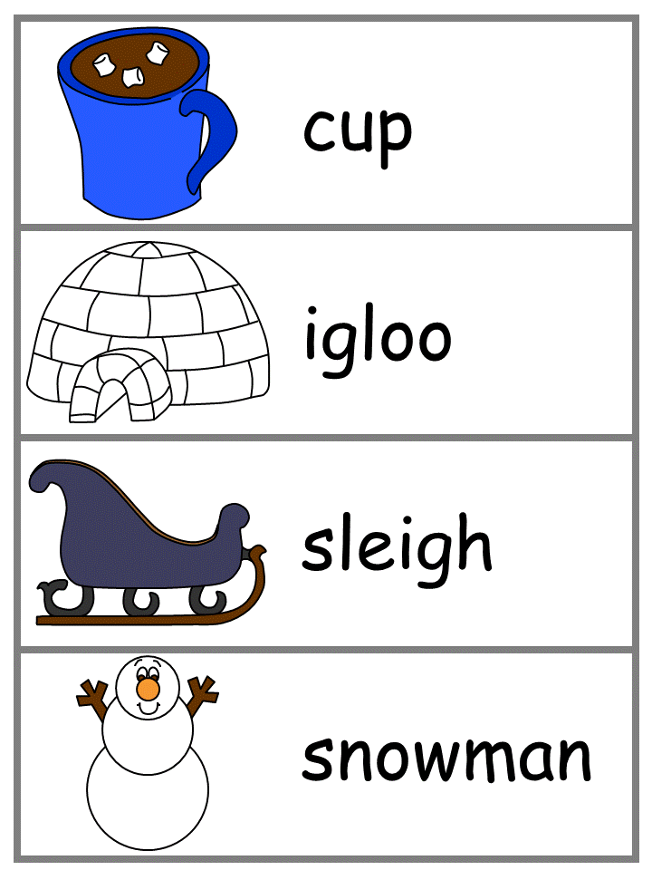 Winter Word Wall Words - cup, igloo, sleigh, snowman