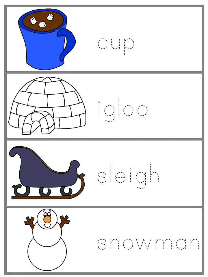 Winter Word Wall Tracers - cup, igloo, sleigh, snowman