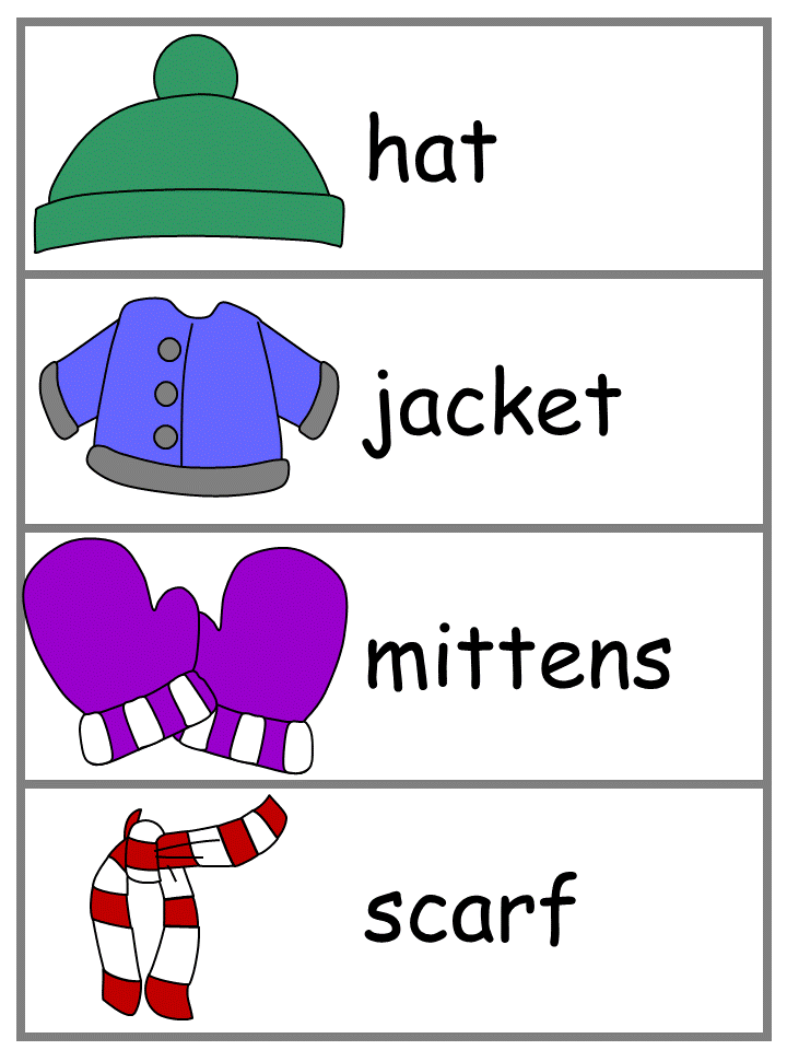 Winter Word Wall Words - hat, jacket, mittens, scarf
