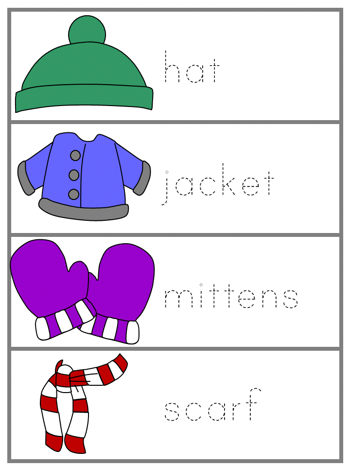 Winter Word Wall Tracers - hat, jacket, mittens, scarf