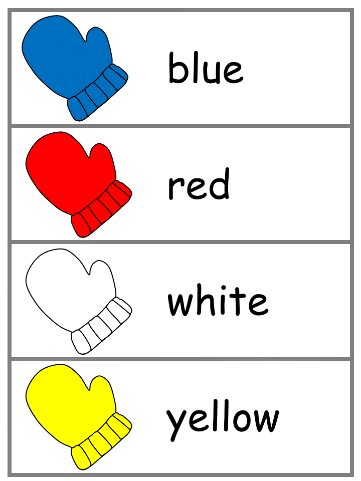 Winter Word Wall Words - blue, red, white, yellow