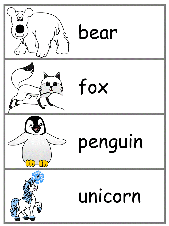 Winter Word Wall Words - bear, fox, penguin, unicorn