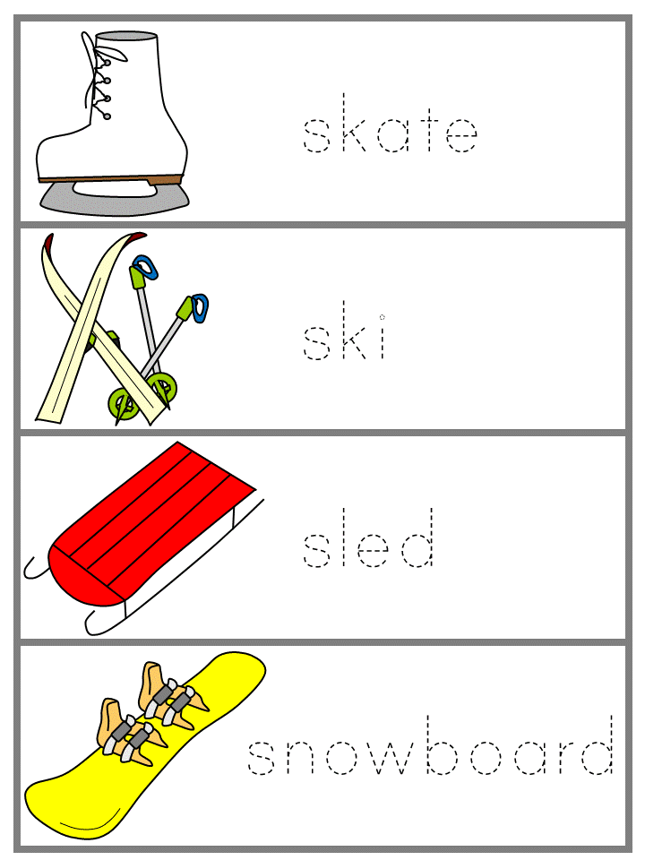 Winter Word Wall Tracers - skate, ski, sled, snowboard